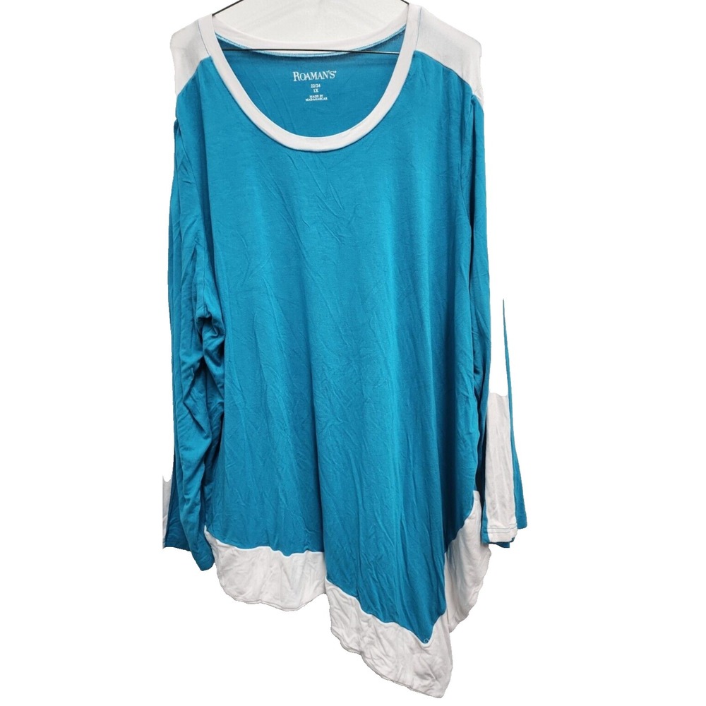 Roamans‎ Womens Tunic Top Size 1X Blue White Long Sleeve Angled Hem Minimalist